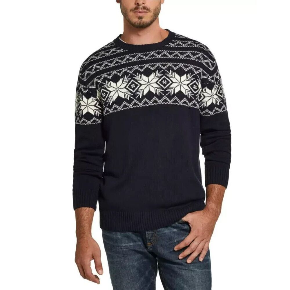 Weatherproof Mens Fair Isle Sweater Navy Fair Isle Crew-neck Sweater Size Large
